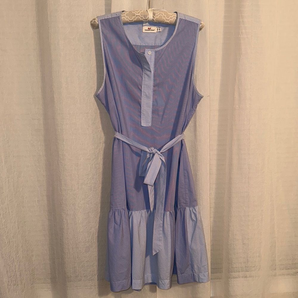 Vineyard Vines 14 White Breaker Blue Pinstripes Sleeveless Shirt Flounce Dress